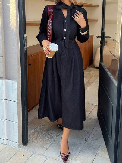 DAZY 女士优雅牛仔连衣裙，系带领，腰部系带，A字裙摆，长袖