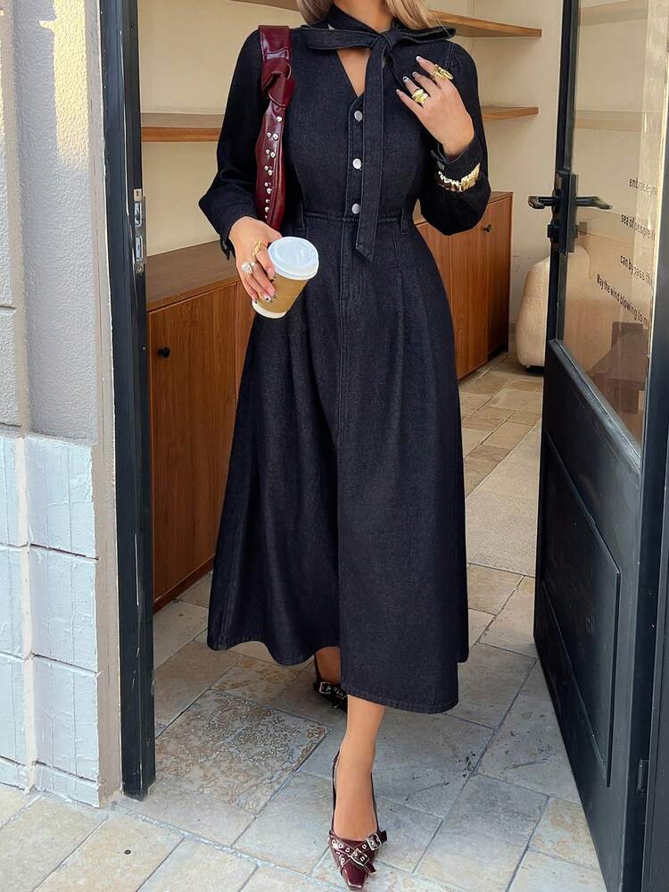 Women's Elegant Denim Dress With Tie Collar, Waist Tie, And A-Line Dress, Long Sleeve Maxi Dress