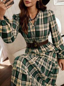 LanaWest 女士格子图案可追踪面料圆领小褶皱收腰娃娃裙，裙摆设计休闲波西米亚西部乡村风格，百搭长袖中长连衣裙 - 綠色 - 查看 7