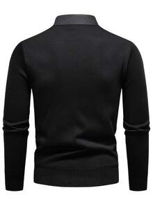 Manfinity Mode Men's Thermal Lined Casual Turndown Collar 2 In 1 Long Sleeve Sweater, Autumn/Winter Black Long Sleeve Sweater