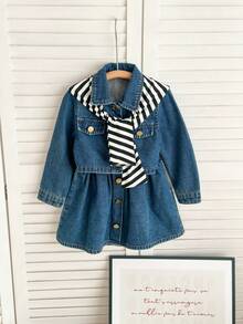 Genkimix Kids Jaket Denim Biru Vintage Kasual, Rok Mini Denim Model A-Line, dan Selendang Bergaris, Set 3 Potong Modis dengan Desain Gaya Kampus, Cocok untuk Gadis-Gadis Bergaya - Medium Wash - View 6