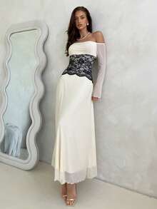 Aloruh 女士秋冬婚礼派对礼服，露肩俏皮蕾丝拼接撞色A字喇叭长袖礼服 - 杏色 - 查看 6