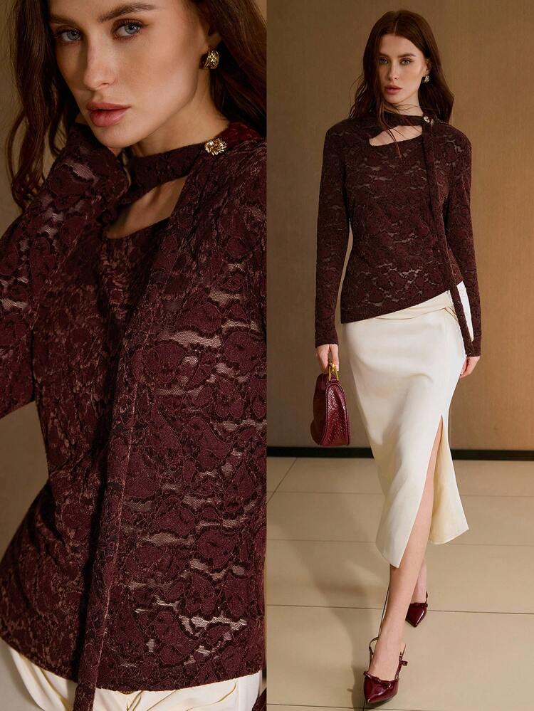 AUTUMN/WINTER BURGUNDY & REDDISH BROWN VELVET LACE TOP, VINTAGE FITTED LONG SLEEVE TEE WITH HOLLOW DESIGN, SMALL STAND COLLAR AND ASYMMETRIC HEM FOR WOMEN