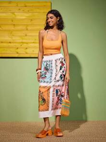 Felipe Marques Women's Floral Print Skirt, Casual For Vacation, Party, Bohemian Style, Autumn/Winter - Apricot - View 5