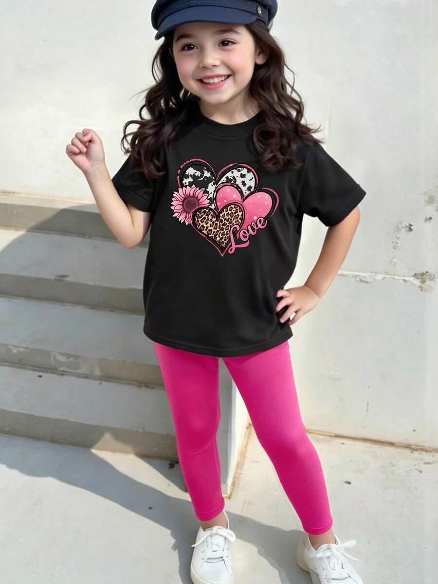 Elladie kids 1 Bộ áo thun tay ngắn in họa tiết da báo, họa tiết trái tim và hoa thời trang thường ngày cho bé gái và quần legging, mùa xuân/hè - Nhiều màu - Xem 1