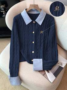 Franclia Fashionable Blogger-Inspired 2 In 1 Patchwork Knit Cropped Cardigan, European & American Style Navy Blue Cardigan Sweater Cable Knit Cardigan Women Preppy Sweater Navy Cardigan Collared Cardigan