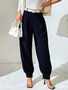 Xyvia 女士优雅高腰双纽扣装饰褶皱直筒裤，春秋季休闲西装裤 - 藏蓝色 - 查看 3