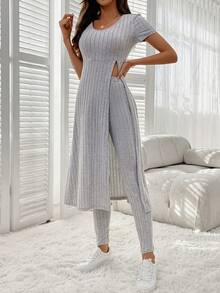SHEIN LUNE Ladies' Sleeveless Ribbed Split Hem Long T-Shirt And Pants Two-Piece Set - Grey - View 3