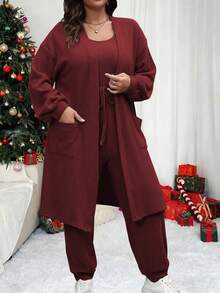 Vionelle Bộ 2 áo liền quần không tay màu trơn và áo khoác cardigan dài tay cho nữ - Màu Đỏ Sâu - Xem 7