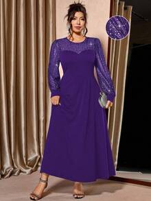 Cravure 大码女式亮片网纱拼接黑色针织面料灯笼袖连衣裙，适合夜店派对的优雅长款晚礼服 - 紫色 - 查看 1