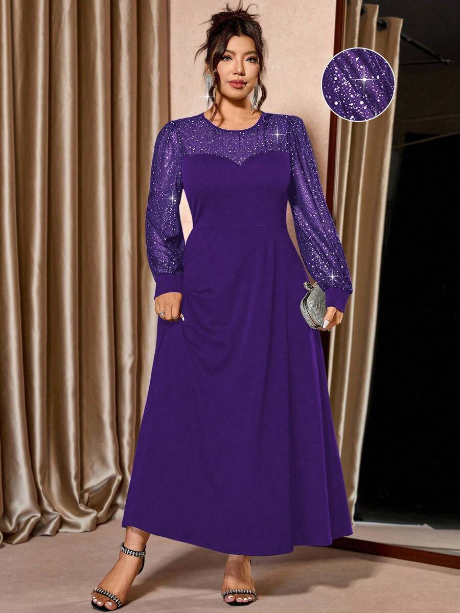 Cravure 大码女式亮片网纱拼接黑色针织面料灯笼袖连衣裙，适合夜店派对的优雅长款晚礼服 - 紫色 - 查看 1