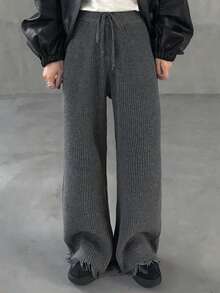 FRIFUL 女士长款休闲纯色毛衣裤，裤脚带流苏 - 灰色 - 查看 3