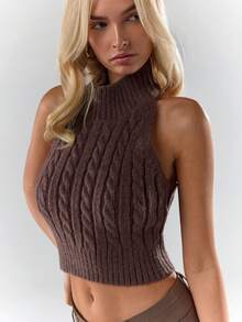 Glamine Fashionable Sexy Cropped Halter Backless Sweater - Brown - View 8