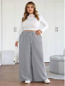 SHEIN CURVE+ Quần ống rộng kẻ sọc cạp chun co giãn cỡ lớn cho nữ, quần ống rộng kẻ sọc thường ngày cho công sở/2026/Năm mới - Đen và trắng - Xem 6