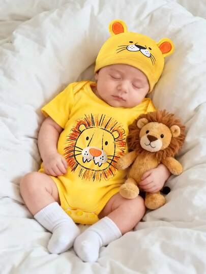Newborn Cute Lion Print Romper With 3D Ear Hat, Short Sleeve Bodysuit Set