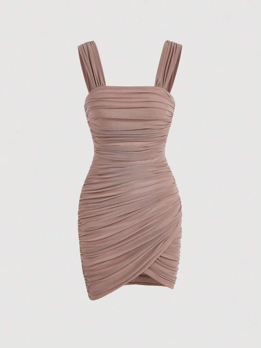 SHEIN MOD Vestido de tirantes fruncido bajo cruzado de malla - Rosa vieja - Ver 1