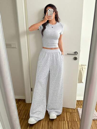 SHEIN EZwear 夏季灰色紧身短袖T恤和宽松运动裤两件套，休闲装