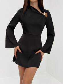 Aloruh Black Gold,Winter,Seksi Chic,Night Out Black Satin Minimalist Metal Decor Long Flare Sleeve Fitted Mini Dress,Elegant Party Office Outfit For Women - Black - View 4