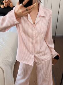 Dream Adore Women's Casual Striped Print Lapel Collar Pajama Set, Winter Clothes - Khaki - View 5