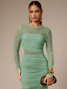 Silquee Women's Solid Color Round Neck Raglan Sleeve Ruched Fashionable Sheer Dress - Mint Green - View 3