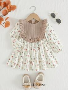 Cozy Pixies Robe longue à manches longues pour bébé fille avec imprimé floral, bloc de couleurs et volants à l'ourlet