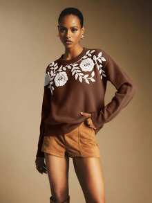 Poéselle 秋冬季休闲复古圆领长袖女式毛衣 - 巧克力棕 - 查看 6