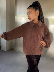 DAZY Young Girl Plain Drop Shoulder Long Sleeve Turndown Collar Half Placket Casual Sweatshirt - Brown - View 6