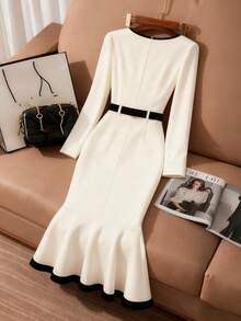 Franclia 女士时尚优雅撞色美人鱼连衣裙 - 黑與白 - 查看 2