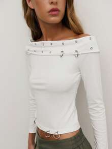 Nöista Off-Shoulder Top With Metal Hardware Detailing, Offering A Bold Alternative-Inspired Design Suitable For Women's Spring Break Outfits Outfits; A Striking Piece That Works For Casual Business Looks, Modern Formal Styling, Elevated Everyday Wear, Festive Birthday Outfits For Women Clothes Dressing And Refined Valentine's Day. - White - View 9