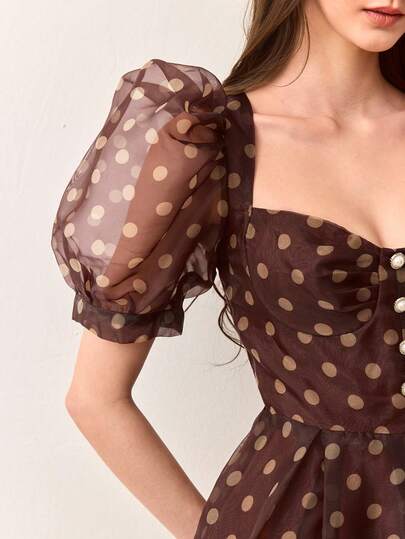 Aveloria Rosie Vintage Polka Dot Organza Print Princess Dress With Puff Sleeves, High Waist Short Sleeve Dress, Random
