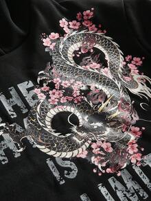 ROMWE J-Fashion 休闲日系时尚中国龙樱花印花女式卫衣 - 黑色 - 查看 4