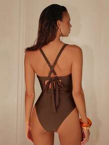 Swim Chiccia Elegant Brown Sleeveless Spaghetti Strap One-Piece Bikini Swimsuit With Criss Cross Detail - Brown - View 2