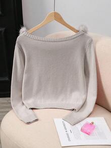 Franclia 女士秋冬时尚拼接仿毛领修身长袖毛衣 - 卡其色 - 查看 2