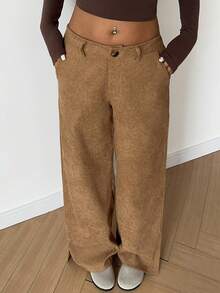 Flirla 女式休闲时尚灯芯绒高开叉宽松直腿及地长裤，秋冬款 - 卡其色 - 查看 5