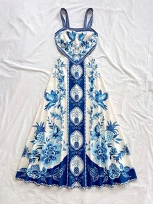 Soleia Women's Fashion Vacation Casual All-Over Print Spaghetti Strap Dress Women Vacation Dress Boho Summer Dress Women Blue And White Dress Women Carnival, - Blue and White - View 7