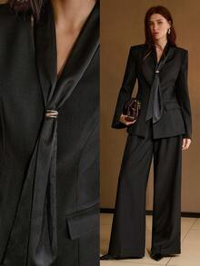 MOTF PREMIUM 黑色缎面金属扣带拼接斜条纹夹克 - 黑色 - 查看 7