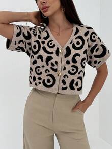 Aloruh 女士单排扣V领豹纹针织背心，秋冬季，无袖针织保暖羊毛上衣，撞色滚边，休闲日常穿着，2024秋冬，通勤，简约，办公室，复古，简约，秋冬季 - 杏色 - 查看 4