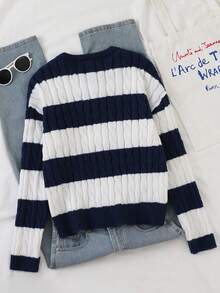 Blue & White Striped Twist Knit Sweater For Women, Casual Loose Fit Round Neck Striped Patchwork Pullover, Suitable For Autumn/Winter, Christmas, Halloween, New Year Party Blue And White Stripe Sweater Navy Blue Sweater Sweaters For Girls Blue And White Casual Sweater Striped Sweater Teen Blue And White Set Sweaters For Teens - White - View 2