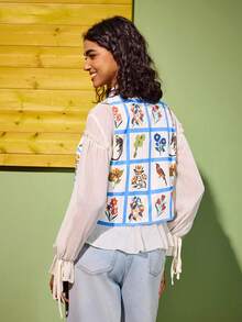 Felipe Marques Women's Floral Print Vest Cardigan Regular Jacket, Casual For Autumn/Winter, Vacation, Party - Baby Blue - View 2