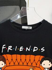 FRIENDS X SHEIN 休闲宽松圆领短袖女式T恤，适合夏季