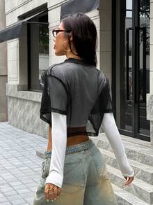 SHEIN EZwear Women's Short Sleeve Black Mesh Top