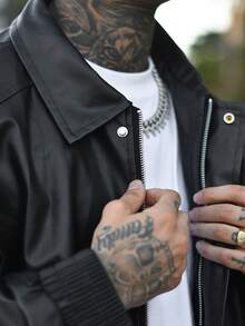 Devon Thys 男士休闲宽松商务皮夹克，适合秋季，垃圾摇滚风格 - 黑色 - 查看 3