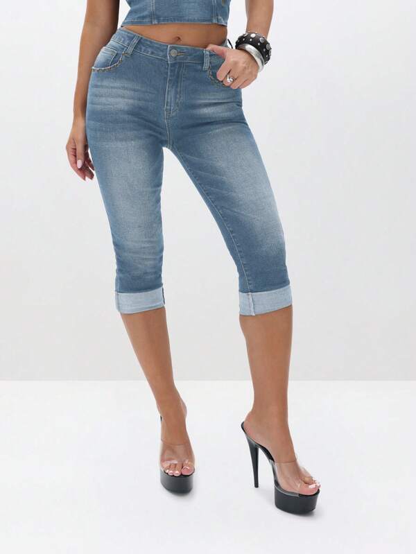 BABYPHAT Quần jean lửng denim co giãn với gấu quần xắn lên, cạp cao, kiểu dáng thường ngày, thích hợp cho mùa hè, lễ hội mùa xuân và kỳ nghỉ.