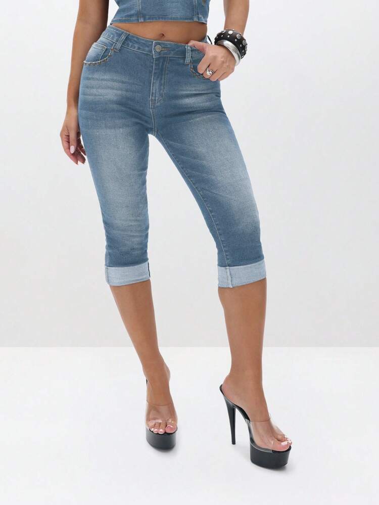 BABYPHAT Jeans capri in denim elasticizzato con orli arrotolati, vita alta, pantaloni casual estivi adatti per la primavera, i festival e le vacanze