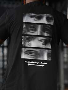 Heavens Edit Herr-T-shirt med kort ärm, rund hals, slim fit och slogan, sommar, avslappnad passform - Svart - Visa 5