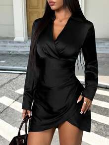 SHEIN PETITE 1件女士优雅纯色缎面褶皱修身迷你连衣裙 - 黑色 - 查看 1