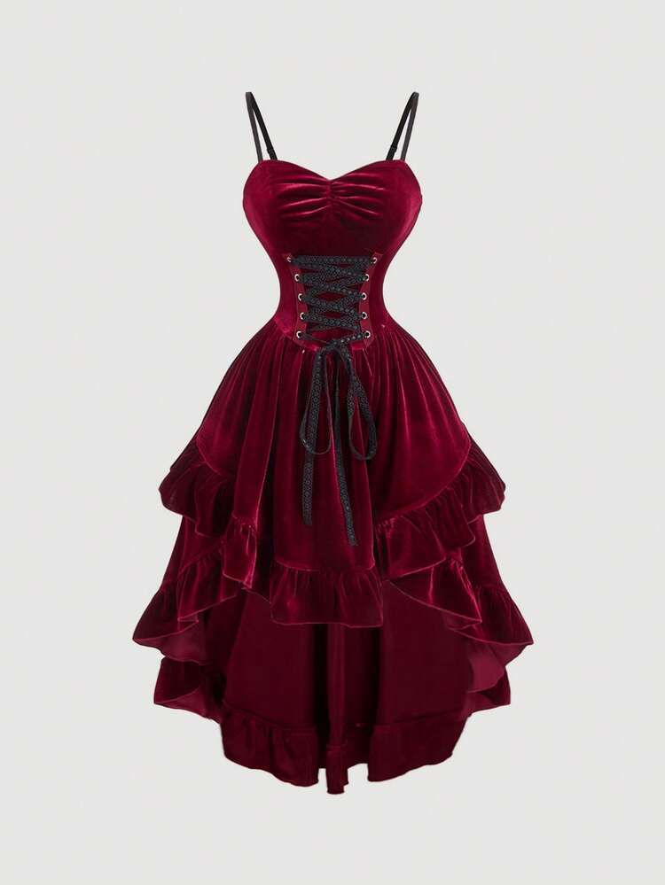 SHEIN MOD Vestido de Veludo Médio Feminino, Vestido de Fantasia, Vestido Borgonha - Vermelho - Visão 1