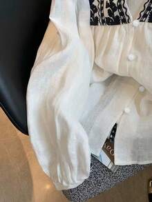 Franclia Women's French Holiday Style Embroidery Black And White Contrast Notched-Neck Gathered Long Lantern Sleeve Summer And Autumn Shirt Going Out Tops Women Fall Cute Shirts Blouses For Women Casual Spring For University - White - View 3