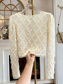 SHEIN Franclia Women's Ivory Lace Crochet Long Sleeve Blouse Lace Top Long Sleeve Lace Blouse Lacey Top Puffy Sleeve Top White Top - Apricot - View 2