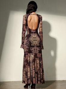 Aveloria Modichic Váy dài tay ôm sát lưng thun lưới in họa tiết cổ điển gợi cảm mùa thu, phong cách Anh - Nhiều màu - Xem 2